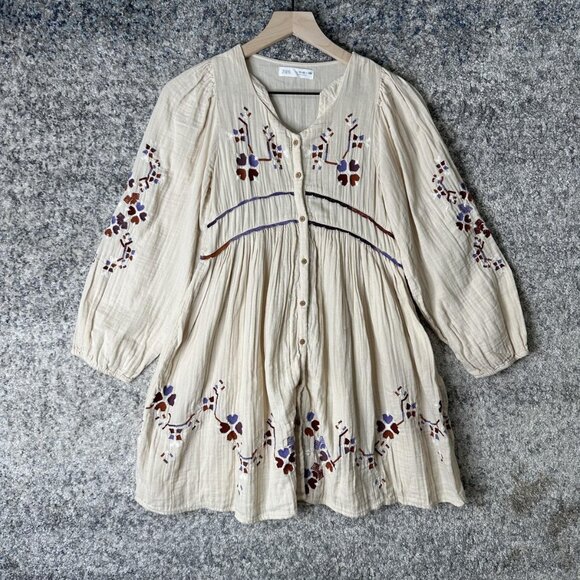 Zara Dress Girls 11-12 152 Beige Embroidered Boho Peasant Long Sleeve Cotton - Picture 1 of 6